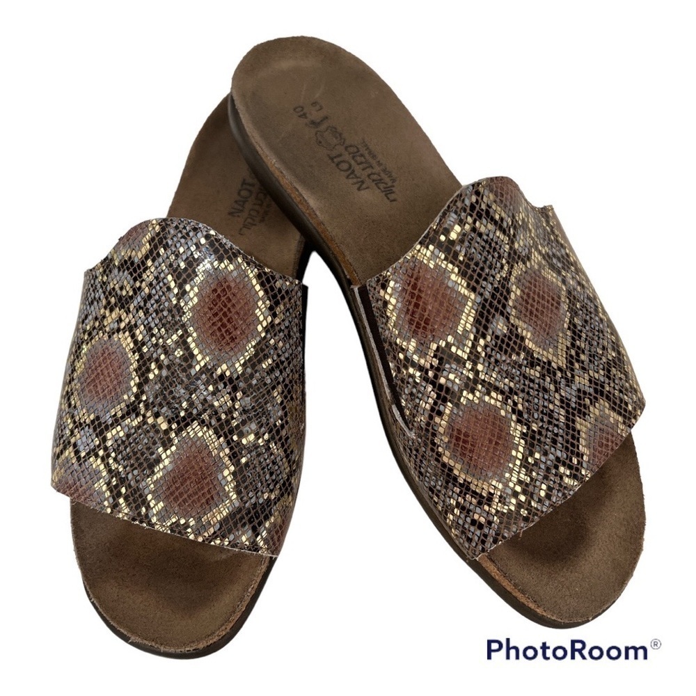 Naot Skylar Flat Slide Sandal Golden Python Print Leather Size 40/US Sz 9